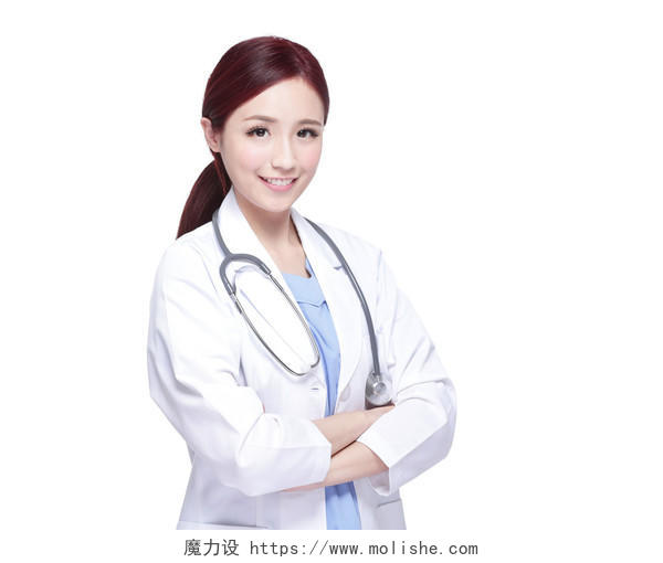 白色背景上微笑女医生脖子挂着听诊器亚洲医生